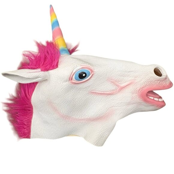 Unicorn Mask Halloween Costume Party Latex Mask Adult OS White Pink Hair COSPLAY - Picture 3 of 7